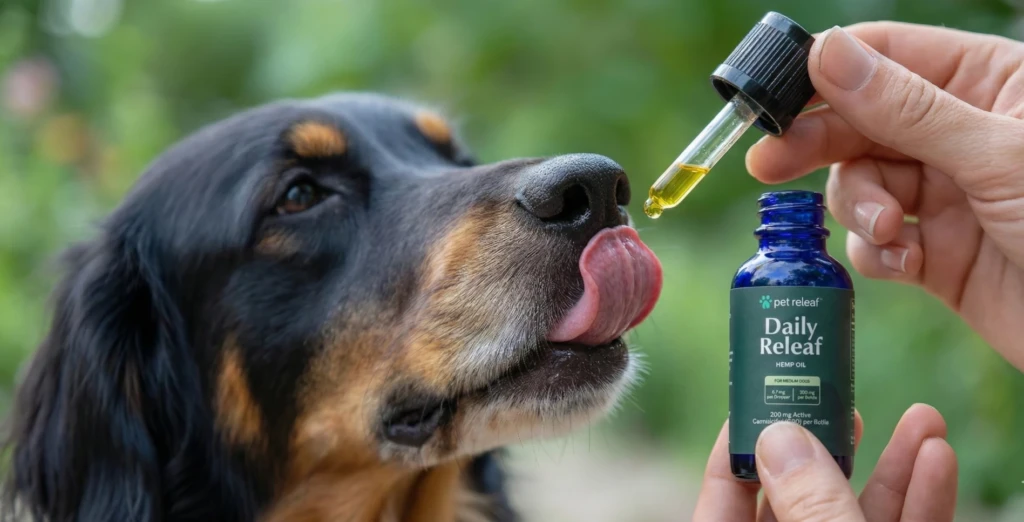perro lamiendo gotero CBD para la ansiedad