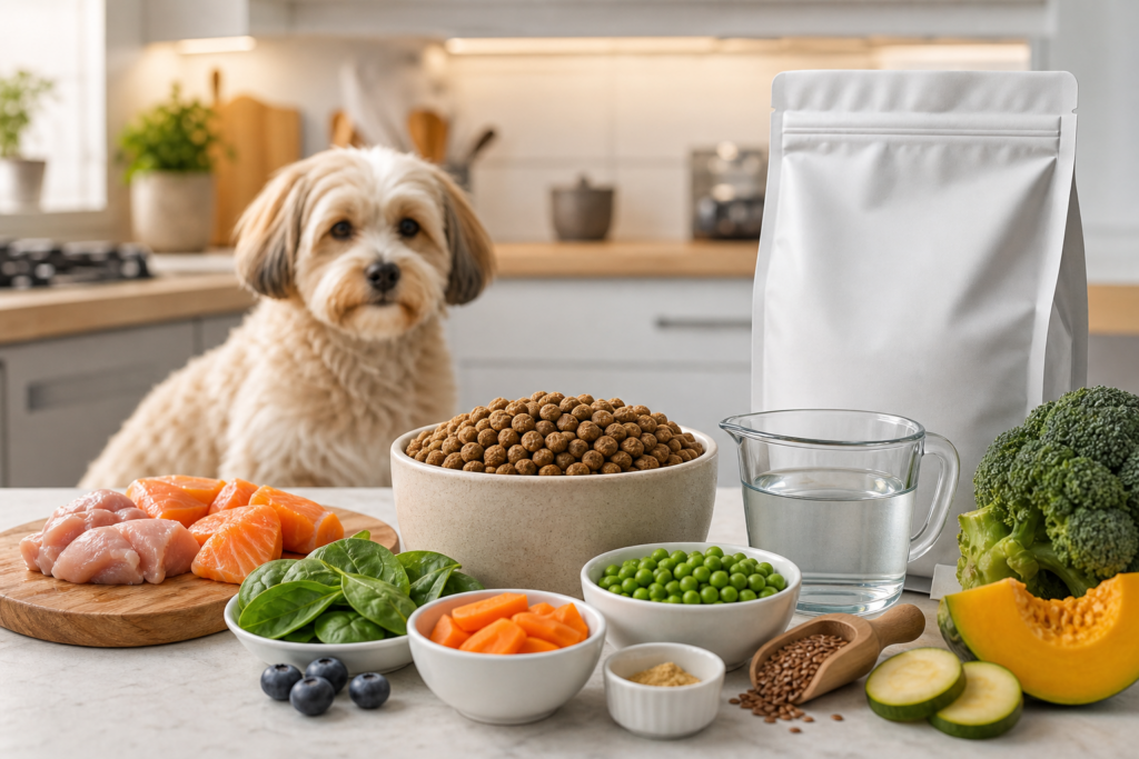 Bowl con comida natural para perros, ingredientes frescos y bolsa de alimento premium genérica. (1)