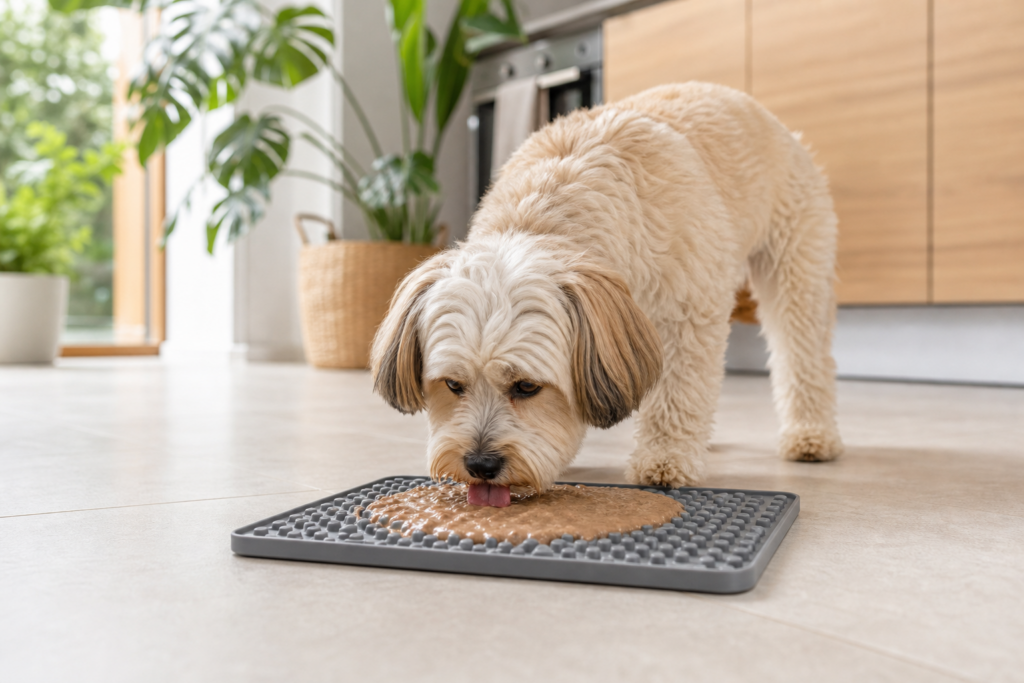 Perro usando una LickiMat para perros con alimento húmedo en una cocina luminosa. (1)