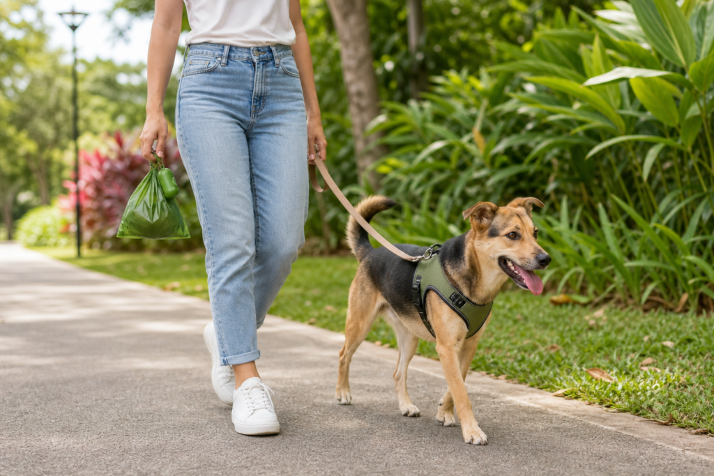 Persona paseando perro con arnés y bolsas para heces de perro en un parque de Costa Rica. (1)