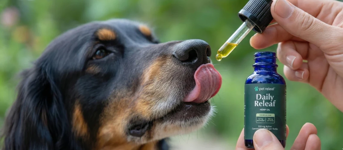 perro lamiendo gotero CBD para la ansiedad