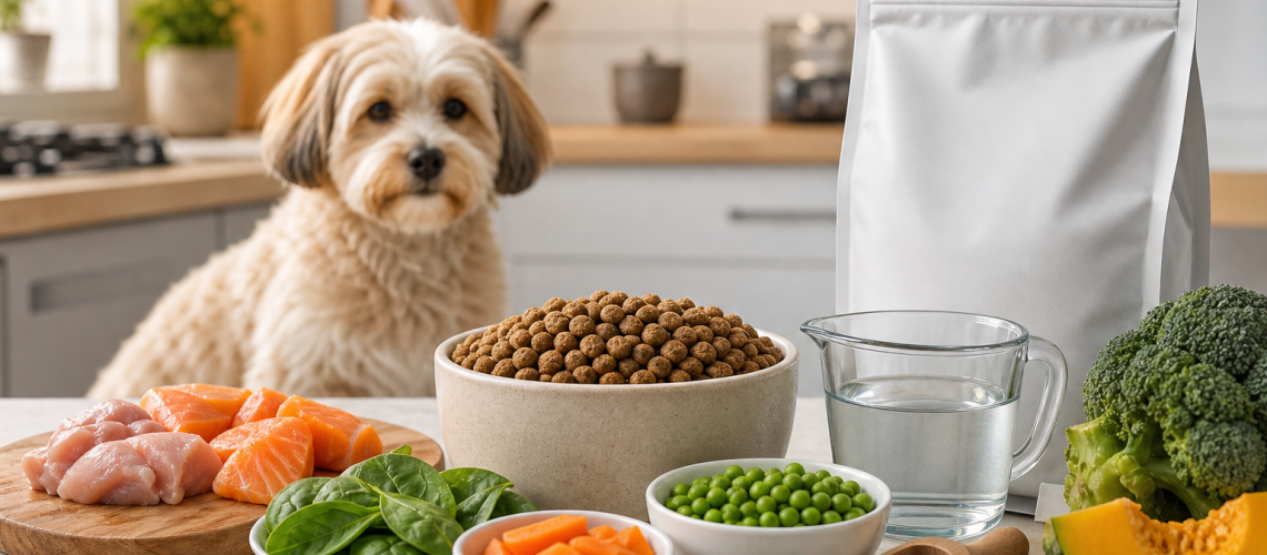 Bowl con comida natural para perros, ingredientes frescos y bolsa de alimento premium genérica. (1)
