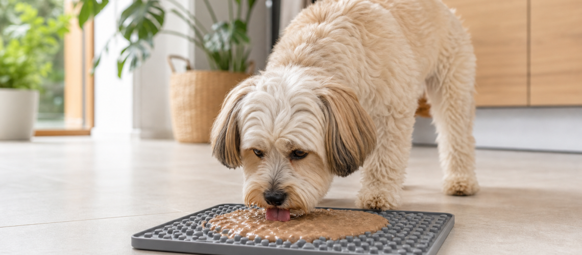 Perro usando una LickiMat para perros con alimento húmedo en una cocina luminosa. (1)